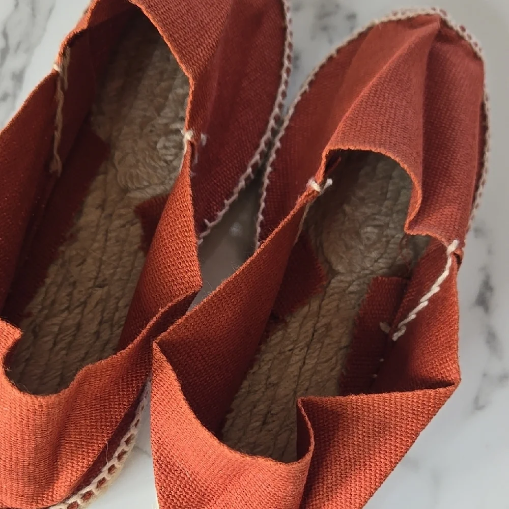 Cousu Main Rust Orange Espadrille Flats – Boho Summer‎ Slip-On Shoes 35C